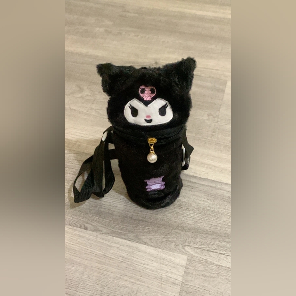 Black Plush Character Water Bottle Holder